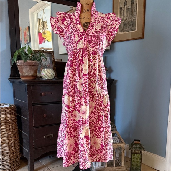 Umgee Magenta Pink Floral Print Bohemian Midi Tiered Dress - Picture 2 of 13